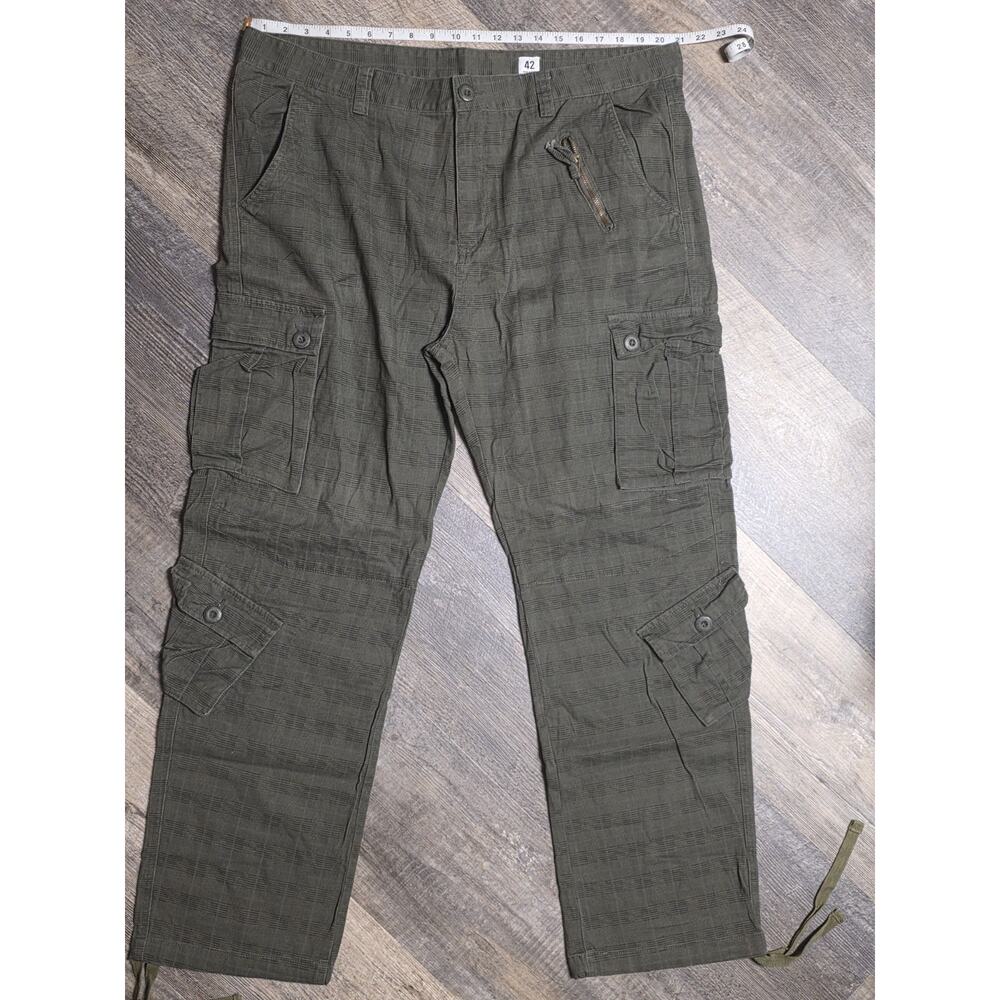 Men's Cargo Pants Size 42 Green Grid Textured Utility Combat Multi-Pocket Cotton